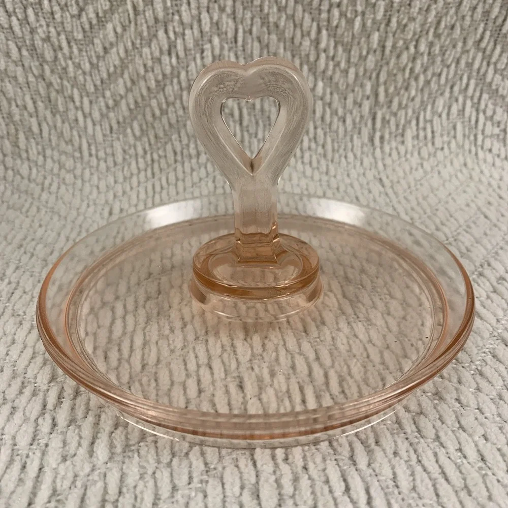 Pink‎ Depression Glass Heart Shaped Handle Candy Nut Tray Dish Trinket Jewelry